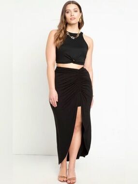 Eloquii Black Ruched Front-Slit Maxi Skirt